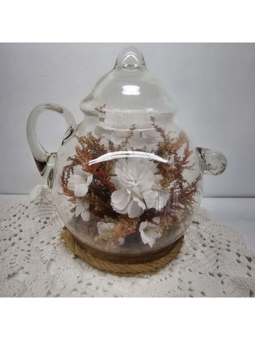Vintage Bowl-O-Beauty Glass Teapot Floral Terrarium Mid Century Dried Flowers